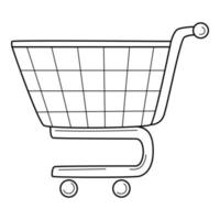 A grocery cart. A symbol of a supermarket, shopping. Linear icon. Hand-drawn black and white vector illustration. Isolated on a white background.