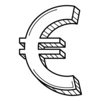 Three-dimensional euro symbol. The European currency. Linear icon, sign. Hand-drawn black and white vector illustration. Isolated on a white background