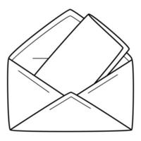 An open paper envelope with a letter. Mail correspondence, message. Linear icon. Hand-drawn black and white vector illustration. Isolated on a white background