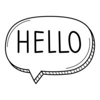 A speech bubble with the word Hello in the doodle style. Hand-drawn black and white vector illustration. Design elements are isolated on a white background