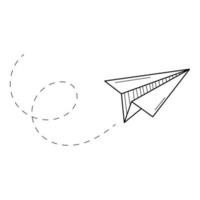 A flying paper airplane. Origami. A symbol of a startup, development, and undertaking. Doodle. Hand-drawn black and white vector illustration. The design elements are isolated on a white background.