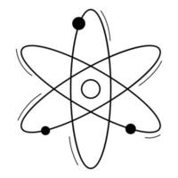 The symbol of the atom. Doodle outline style. A chemical sign. Hand-drawn black and white vector illustration. The design elements are isolated on a white background.