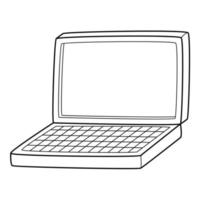 An open laptop with a keyboard and a blank screen. A symbol of business, education, learning. Space for text. Hand-drawn black and white vector illustration. Isolated on a white background