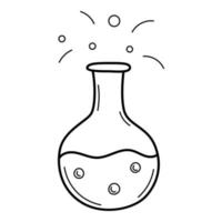 A round test tube with a liquid. Chemical equipment. Doodle outline style. Hand-drawn black and white vector illustration. The design elements are isolated on a white background.