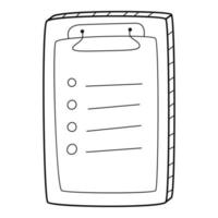 cuestionario, lista de verificación, lista de tareas pendientes, cuestionario, formulario de votación. una tableta con una hoja adjunta. ilustración vectorial en blanco y negro dibujada a mano. Aislado en un fondo blanco. vector