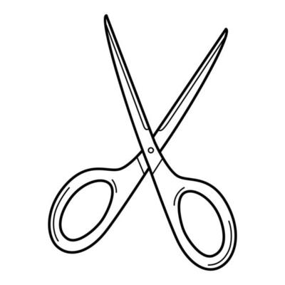Open scissors. School item, office supplies. Doodle. Hand-drawn black and white vector illustration. The design elements are isolated on a white background.