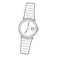 Mechanical analog round wrist watch with hands. Watch with a bracelet. Linear icon. Hand-drawn black and white vector illustration. Isolated on a white background