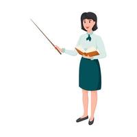 A female teacher in a skirt and blouse stands with a pointer in one hand and an open book in the other. A pretty teacher with short dark hair is smiling. Back to school. Vector illustration.flat style