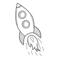 A flying rocket. Doodle. A startup symbol. Hand-drawn black and white vector illustration. The design elements are isolated on a white background.