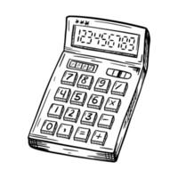 A sketch of the calculator. An accounting or school accounting tool. A simple hand-drawn drawing, isolated on white. Black and white vector illustration