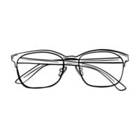 Sketch of optical glasses. Glasses with transparent lenses with folded arms. Doodle style. Front view. Hand drawn and isolated on a white background. Black and white vector illustration.