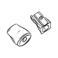 Sketch of pencil sharpeners. Stationery, office supplies for school children and artists. Engraving style. Digital drawing. Hand drawn and isolated on white. Black and white vector illustration
