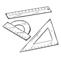 A set of school lines. Ruler, corner, and protractor. Office supplies for drawing work. School supplies. Black and white vector. Sketch style, draft. Hand - drawn isolated on a white background vector