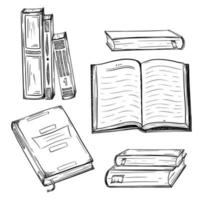 Collection of books. Hardcover books in a stack, open book, top view book in sketch style. Textbooks, literature, education, study. Black-white vector illustration. Hand drawn and isolated on white.