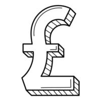 Three-dimensional symbol of the pound sterling. The British currency. Linear icon, sign. Hand-drawn black and white vector illustration. Isolated on a white background