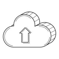 A three-dimensional cloud with an up arrow. The file upload symbol. Cloud file storage. Hand-drawn black and white vector illustration. Isolated on a white background