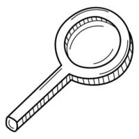 A magnifying glass with a handle. The symbol of search, research. Doodle. Hand-drawn black and white vector illustration. The design elements are isolated on a white background.