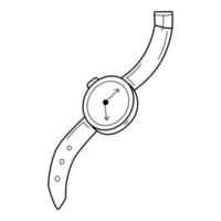 A wrist watch with a strap. Doodle style. Hand-drawn black and white vector illustration. The design elements are isolated on a white background.