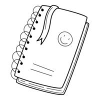 un lindo cuaderno con un resorte, pegatinas y un marcapáginas. estilo garabato. ilustración vectorial en blanco y negro dibujada a mano. los elementos de diseño están aislados en un fondo blanco. vector