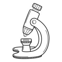 A microscope. Doodle style. An optical device. A symbol of science, biology, study, research. Hand-drawn black and white vector illustration. The design elements are isolated on a white background.