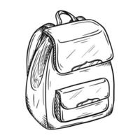 boceto de una mochila de mujer con cierres magnéticos. Bolso elegante y de moda para niñas. accesorio personal ilustración vectorial en blanco y negro. dibujado a mano, aislado en un fondo blanco. garabatear vector