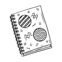 Sketch of a closed Notepad on a spiral for notes. Cover with abstract shapes. Stationery for writing and drawing. A design element for schools and Hobbies. Black-white vector. hand drawn, isolated vector