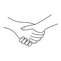 The hand shakes the hand. A handshake gesture. A symbol of the conclusion of a contract, transaction, consent, greeting. Hand-drawn black and white vector illustration. Isolated on a white background