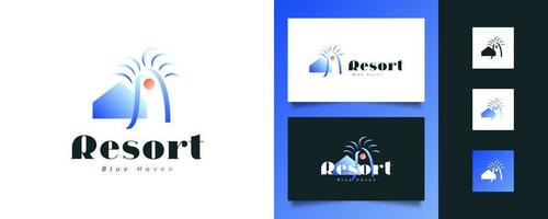 diseño de logotipo de resort moderno y minimalista. ilustración de casa azul y palmeras con sol para turismo, hotel o identidad de logotipo comercial de resort vector