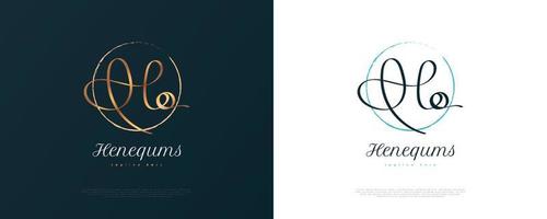 HQ Initial Signature Logo Design with Gold Handwriting Style. Initial H and Q Logo Design for Wedding, Fashion, Jewelry, Boutique and Business Brand Identity vector