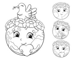 Set of cute planets for Earth Day. Coloring book page for kids. Cartoon style character. Vector illustration isolated on white background.