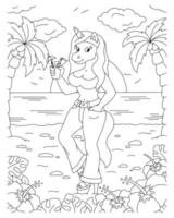 A lovely unicorn girl stands on her heels on the beach. Coloring book page for kids. Cartoon style character. Vector illustration isolated on white background.