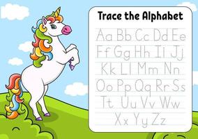 Writing letters. Tracing page with unicorn. Practice sheet. Worksheet for kids. Learn alphabet. Cute character. Color vector illustration. Cartoon style.