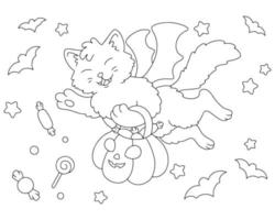 un lindo gato lleva una calabaza con dulces en sus patas. tema de halloween página de libro para colorear para niños. personaje de estilo de dibujos animados. ilustración vectorial aislado sobre fondo blanco. vector