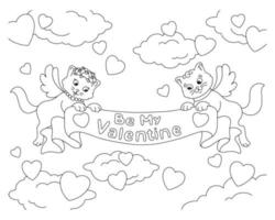 Cats in love with wings hold a ribbon with an inscription. Coloring book page for kids. Valentine's Day. Cartoon style character. Vector illustration isolated on white background.