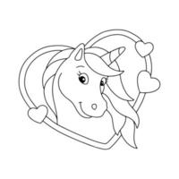 Cute unicorn in a heart shaped frame. Coloring book page for kids. Cartoon style character. Vector illustration isolated on white background.