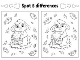 Find five differences. Easter theme. Coloring page for kids. Activity worksheet for children. Vector illustration isolated on white background.