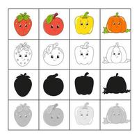 poner frutas y verduras. juego de papel con pegamento. tarjetas flash hoja de trabajo de educación. pagina de actividades personaje divertido ilustración vectorial aislada. estilo de dibujos animados vector