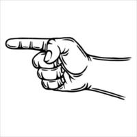 Male hand gestures. The index finger is pointed to the side. Outline contour. Design element. Vector illustration isolated on white background. Template for books, stickers, posters, cards, clothes.