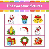 Find two same pictures. Task for kids. Education developing worksheet. Activity page. Color game for children. Funny character. Isolated vector illustration. cartoon style. Christmas theme.