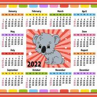 calendario para 2022 con un lindo personaje. diseño divertido y brillante. Ilustración de vector de color aislado. estilo de dibujos animados.