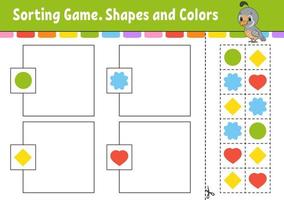 Sorting game. Shapes and colors. Cut and glue. Education developing worksheet. Game for kids. Color activity page. Puzzle for children. Cute character. Vector illustration. cartoon style.