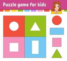 Puzzle game for kids. Cut and paste. Cutting practice. Learning shapes. Education worksheet. Circle, square, rectangle, triangle. Activity page. Cartoon character. vector