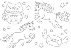 unicornios, gatos, sobre. página de libro para colorear para niños. día de San Valentín. personaje de estilo de dibujos animados. ilustración vectorial aislado sobre fondo blanco. vector