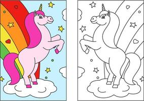 libro para colorear para niños. el unicornio mágico se encabritó. el animal caballo se para sobre sus patas traseras. estilo de dibujos animados. Ilustración de vector plano simple.