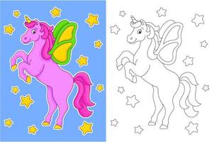 Magic unicorn. Fairy horse. Coloring book page for kids. Cartoon style character. Vector illustration isolated on white background.