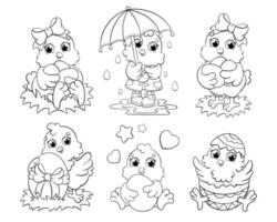 Set of cute Easter chickens. Coloring book page for kids. Cartoon style character. Vector illustration isolated on white background.