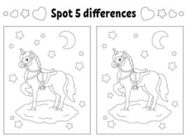 Find five differences. Coloring page for kids. Activity worksheet for children. Vector illustration isolated on white background.