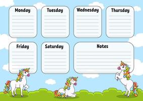 School timetable with magic unicorn. For the education of children. Isolated on a white background. With a cute cartoon character.