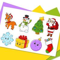 Set of stickers with cute cartoon characters. Winter clipart. Christmas theme. Colorful pack. Vector illustration. Patch badges collection for kids. For daily planner, organizer, diary.