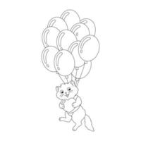 A cat in love flies with a gift in balloons. Coloring book page for kids. Cartoon style character. Vector illustration isolated on white background.